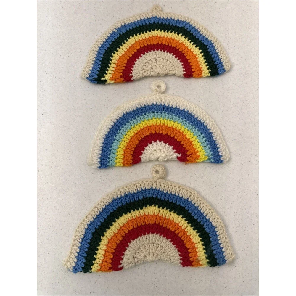 Vintage Rainbow Handmade Crochet Knit Pot Holders Trivets Hot Pads Kitchen Retro